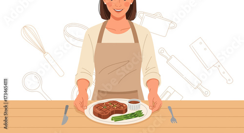 Illustration of a woman presenting a gourmet steak dinner in a stylized kitchen scene