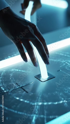 High-angle ECU video: professional hands precisely connect a glowing blue conduit to a futuristic device in a sterile lab. Digital light pulses outwards. Concept of advanced AI efficiency