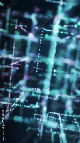 Macro video: vibrant glowing data particles stream on an intricate network of high-tech lines, foreground sharp, background soft bokeh of ethereal digital hues (blues, purples). Concept of advanced