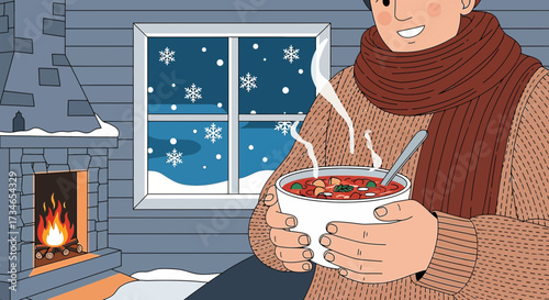Illustration of cozy winter scene with man enjoying warm soup indoors near fireplace 60