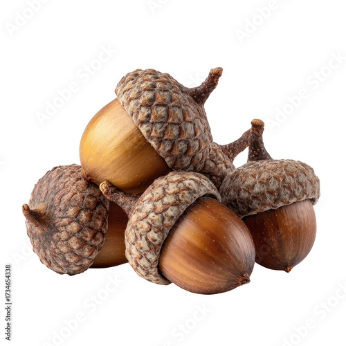 Acorns stacked together on a white surface showcasing their unique textures and shapes
