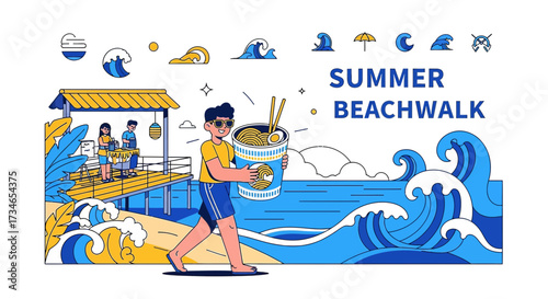 Illustration of summer beach walk with a man enjoying instant noodles near the sea