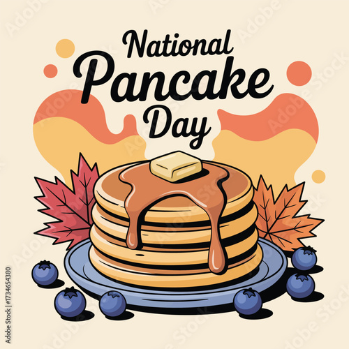 "National Pancake Day" Illustration with Pancakes & Blueberries