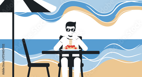Illustrative scene depicting a man enjoying spaghetti on the beach near the ocean