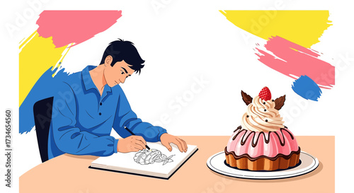 Illustrator drawing a dessert, capturing its delicious details in a sketch, showcasing artistic