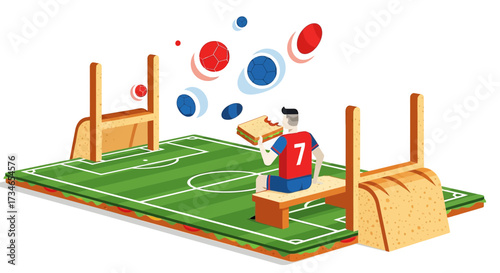 Isometric view illustration of a soccer player with sandwich on bread themed field