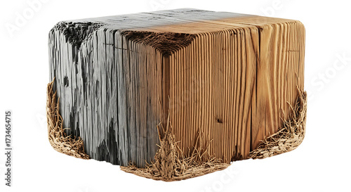 Illustration of cube made of wood and metal with dirt texture isolated on transparent background