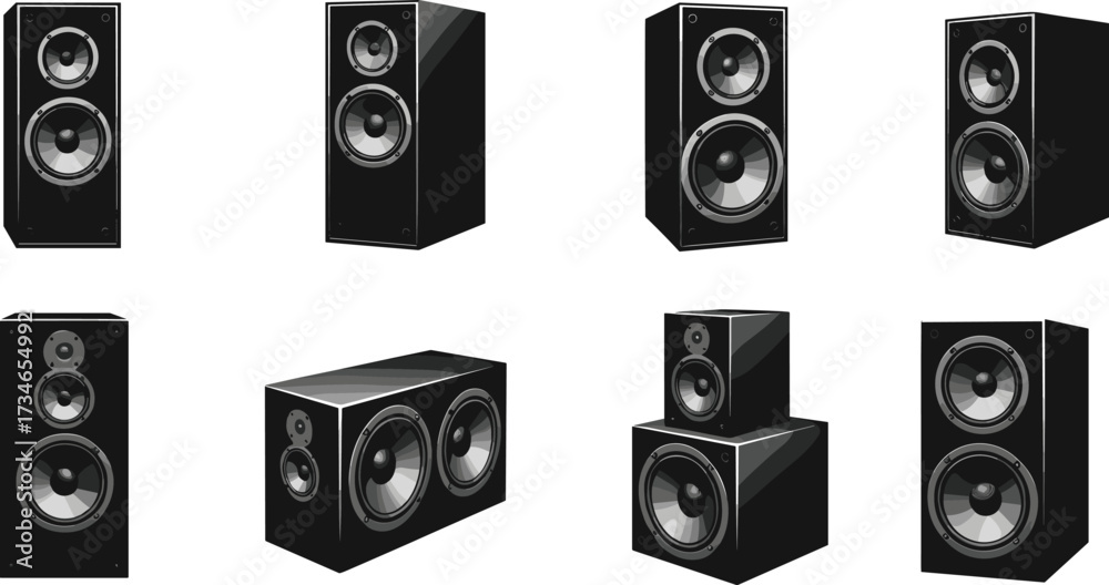 Fototapeta premium Realistic black speaker vector set, audio equipment icons, sound system illustration, music device collection, stereo design for stock