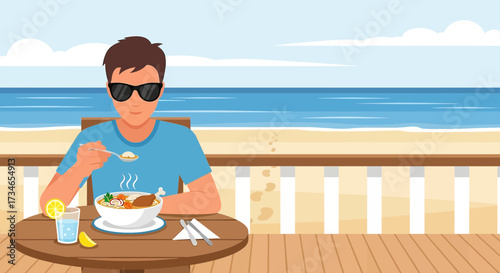 Man Enjoying a Relaxing Meal at a Beachfront Restaurant with Ocean View and Clear Skies