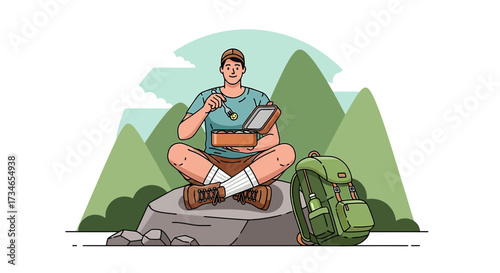 Man on hiking adventure enjoys lunch break with picturesque mountain background scene outdoor