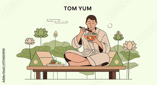Man enjoys tom yum soup surrounded by lotus flowers in tranquil environment scene