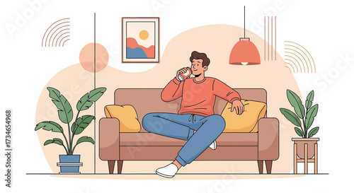 Man relaxing on sofa in living room, drinking from a cup in calm and peaceful home ambiance