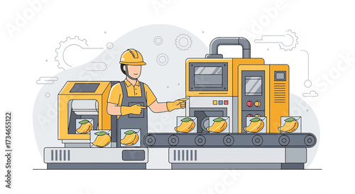 Mango processing line at a modern food factory with worker and conveyor belt machinery