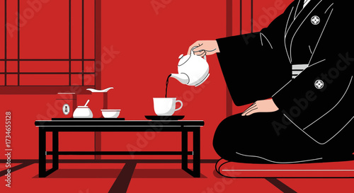 Minimalist illustration of a traditional Japanese tea ceremony scene with serene aesthetic and