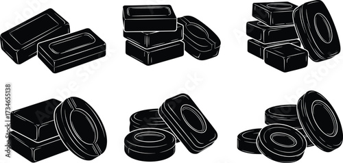 Soap bar silhouette, round dish vector, black and white, hygiene product, packaging icon, stacked soap, 3D style, bathroom clipart