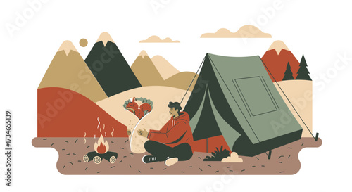 Minimalist camping illustration featuring a camper near a tent and bonfire enjoying a burrito with