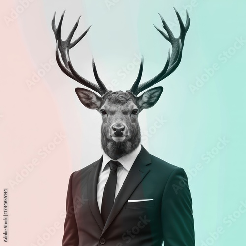 Surrealism anthropomorphic  deer in suit animal portrait anthropomorphic illustration business professional art