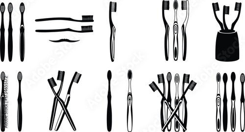 Toothbrush silhouette vector, dental hygiene, black and white, grooming tools, oral care icons, isolated clipart, bathroom essentials, bristle design