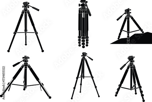 Tripod silhouette vector, camera stand, black and white, photography gear, adjustable legs, outdoor tool, folded tripod, clipart, icon set