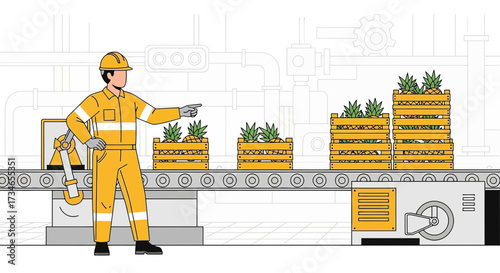 Pineapple production line with supervisor inspecting quality control efficiently and thoughtfully