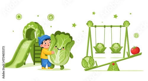 Playful playground scene with a child cabbage and other vegetables for kids nutrition concept