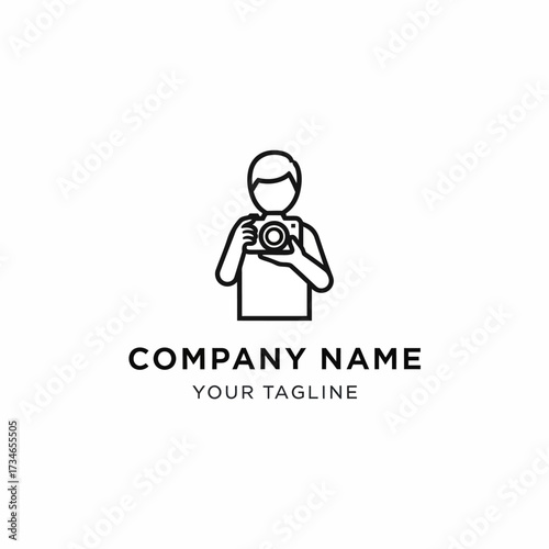 A minimalist black and white line art logo featuring a person holding a camera, with space for company name and tagline below.