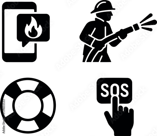 Vector emergency services and safety icons depicting fire alert, firefighter, lifebuoy and sos button