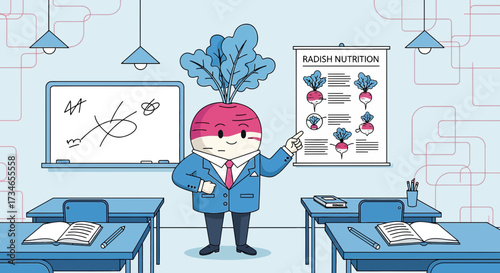 Radish teacher presenting nutrition information in a classroom with desks and whiteboard