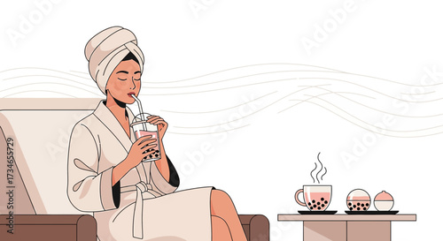Relaxing spa day: woman enjoying bubble tea in robe after treatment session illustration