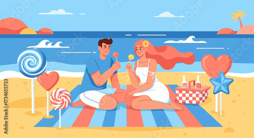 Romantic beach picnic illustration of couple enjoying lollipops and ocean views vacation