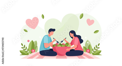 Romantic couple enjoying a healthy salad picnic amidst love and nature illustration