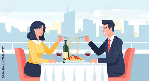 Romantic dinner date with spaghetti at a rooftop restaurant overlooking the cityscape