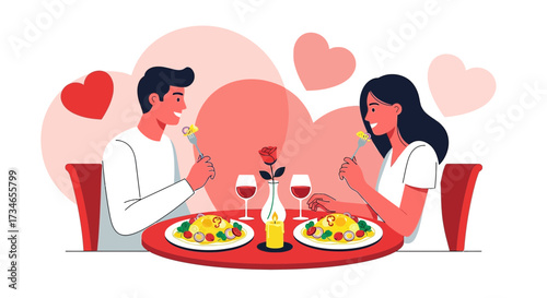 Romantic dinner for two illustration featuring a couple enjoying a meal with hearts