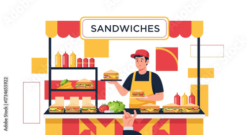 Sandwich stall with friendly vendor serving fresh sandwiches to a customer in vector format
