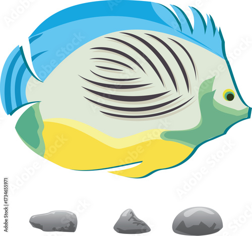 Stylized illustration of a colorful fish swimming in the ocean isolated on white background