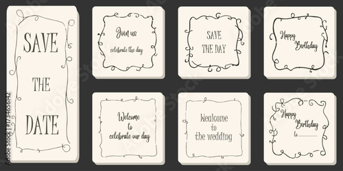 Elegant vintage wedding invitation cards with decorative frames and handwritten typography. Classic save the date design for special events and celebrations. Stylish retro template for greeting or ann