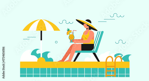 Stylish summer escape vector illustration featuring a woman relaxing poolside with a cocktail