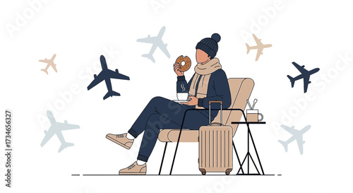 Traveler enjoying a snack and coffee at the airport lounge amid flying planes