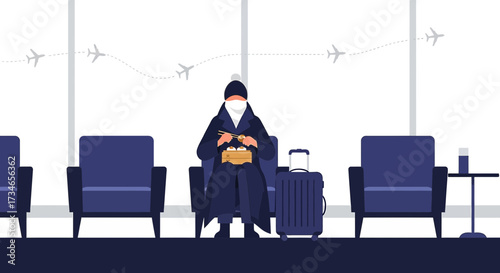 Traveler wearing face mask eating dumplings at airport during the coronavirus pandemic illustration
