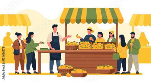 Vibrant mango market scene with happy customers and vendors in a lively outdoor setting showing