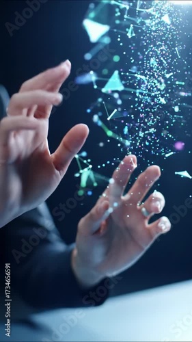 Close-up video of skilled gender-neutral hands interacting with an invisible AR holographic UI, complex 3D glowing data streams flow upwards on a dark, minimalist background. Futuristic data