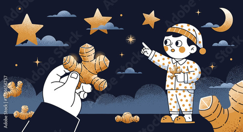 Whimsical bedtime scene with a child pointing at stars and ginger roots elements night