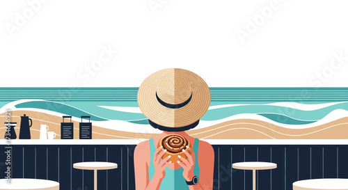 Woman enjoying a cinnamon roll at a beachside cafe with a relaxing ocean view backdrop