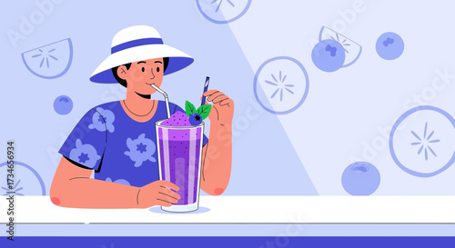 Woman enjoying a refreshing blueberry smoothie with a straw on a sunny day background