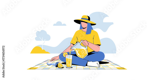 Woman enjoying a refreshing lemonade on a picnic blanket in a serene landscape setting