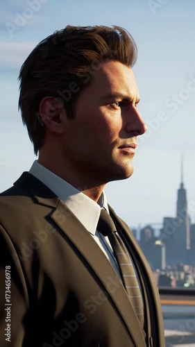 Gender-neutral business professional in dark power suit on skyscraper helipad, surveying bustling metropolis at dawn with intelligent eyes and golden light. Concept of strategic foresight and