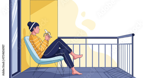 Woman enjoys a banana while relaxing on her balcony on a sunny afternoon serene scene
