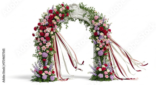 Elegant White Wedding Arch Adorned with Romantic Red, Pink, and Purple Flowers and Flowing Ribbons on White Background
