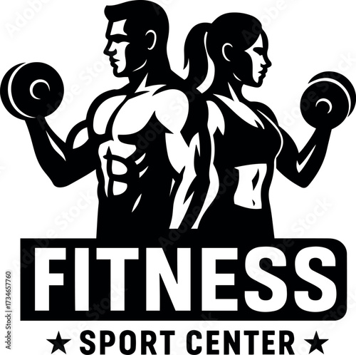 Vector illustration of a muscular man and woman holding dumbbells for fitness sport center logo