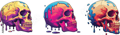 Surreal melting skull side profile with dripping liquid forms, colorful and vibrant fantasy vector illustration